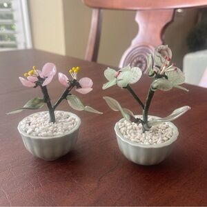 COPY - VTG Set Of 2 Chinese Glass Bonsai Trees; (Cherry Blossoms & Green Flower…